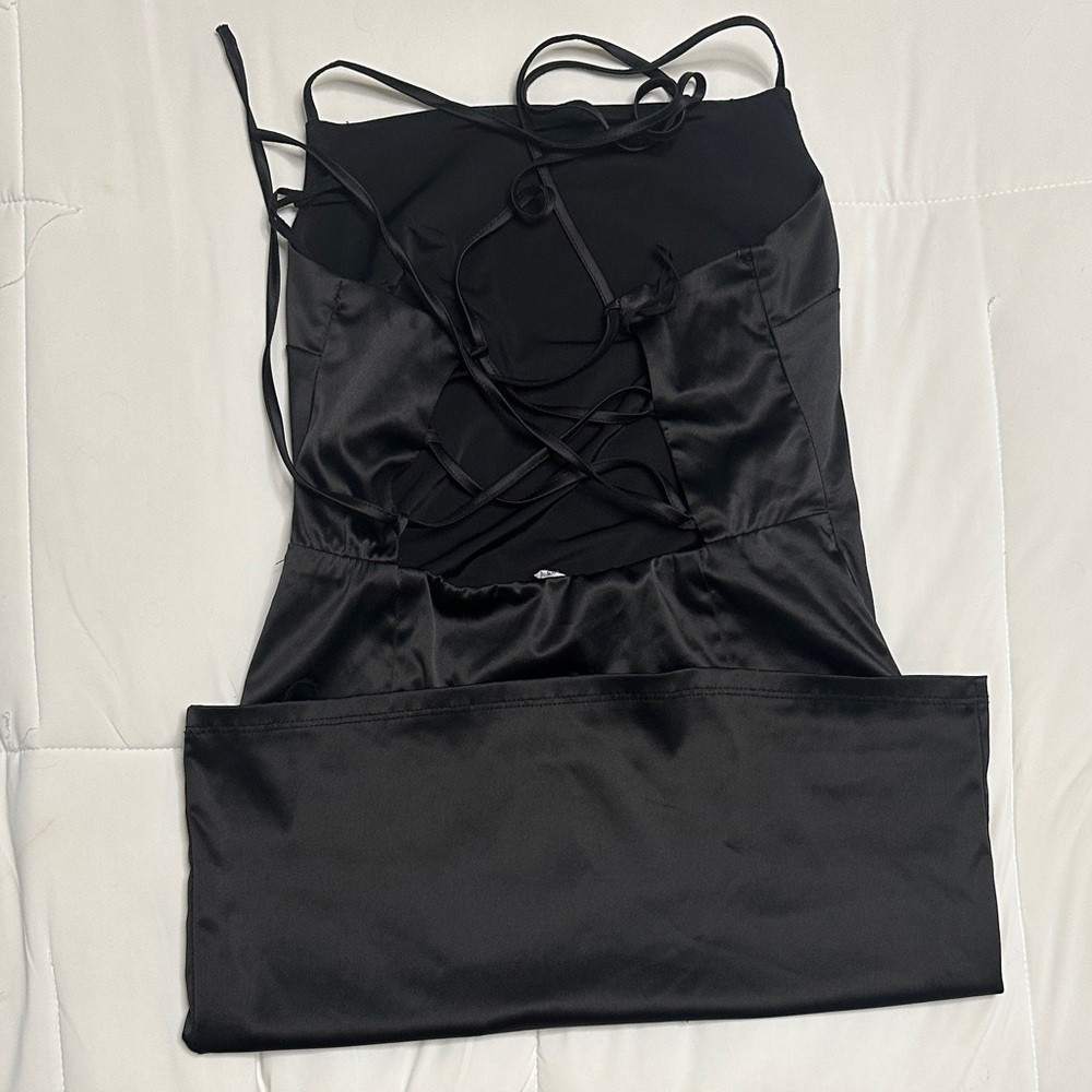 Elegant Black Satin mini Dress with a backless back